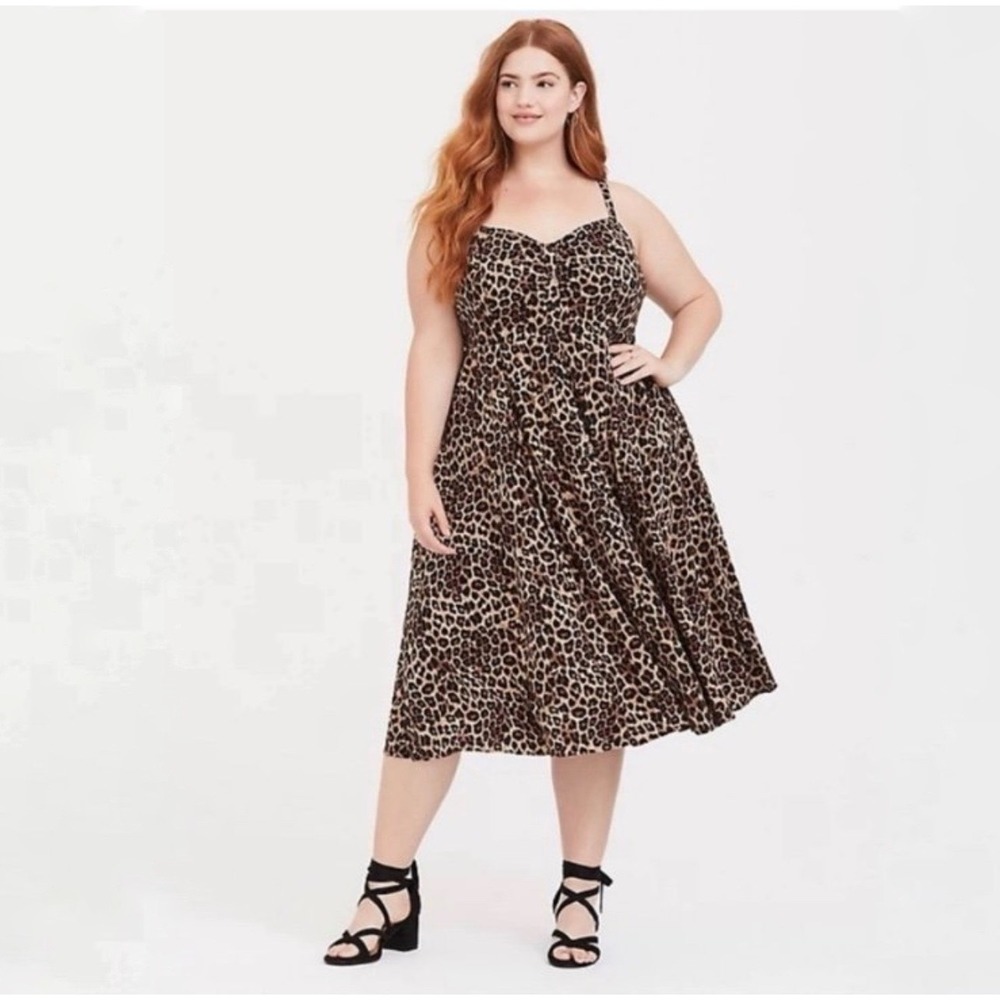Torrid Challis Leopard Print Button Front Midi Dress Smocked Back Plus Size 1/1X